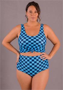 Knotted Front Swim Top Blue Check